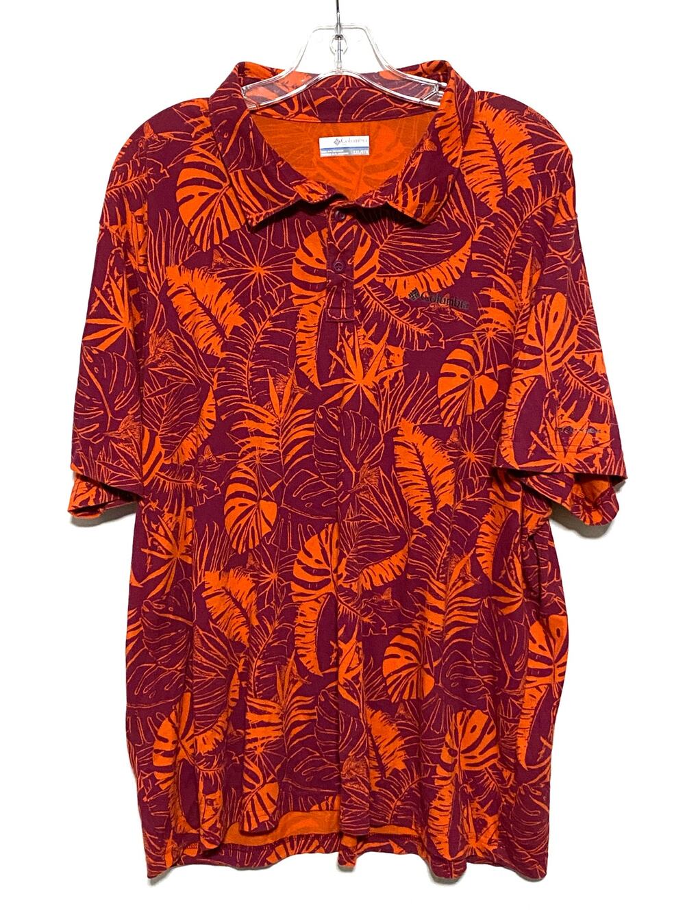 Columbia Polo Shirt Men XXL Red Orange Tropical Palm Leaf Cruise Resort Vacation